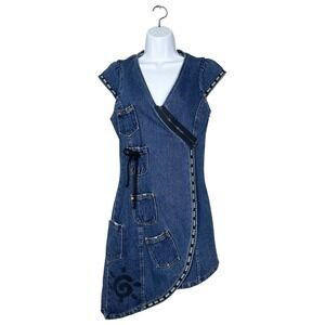 Vintage Y2K Ccomça Denim‎ Mini Wrap Dress Asymmetrical Zip Pockets Size S